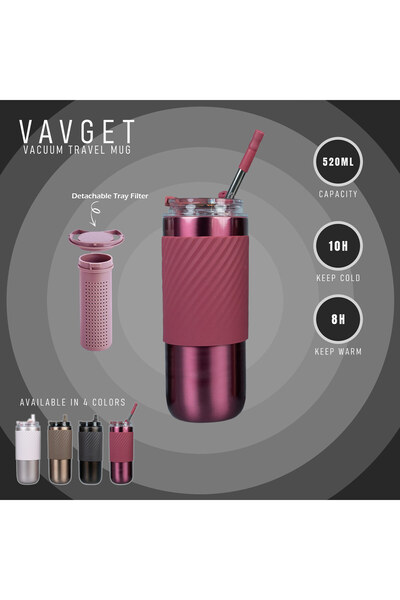 EQURA 520ml Stainless Steel Travel Coffee Mug with Straw, Vacuum Insulated, Spill-Proof.