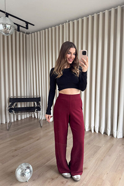 Sue Store Burgundy Wide Leg High Waist Elasticated Waistband Trousers