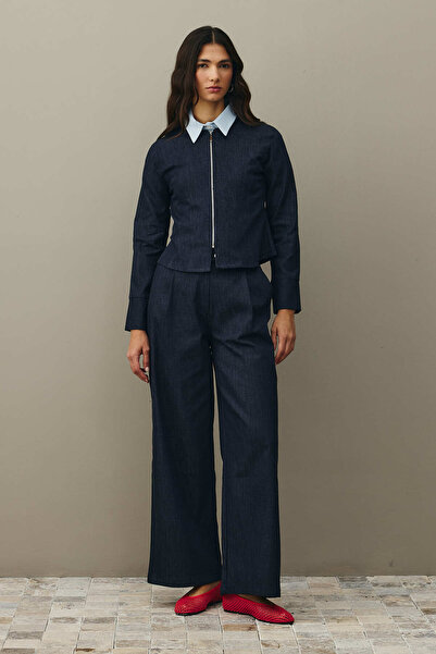 Fahhar Zippered Denim Top Navy Blue