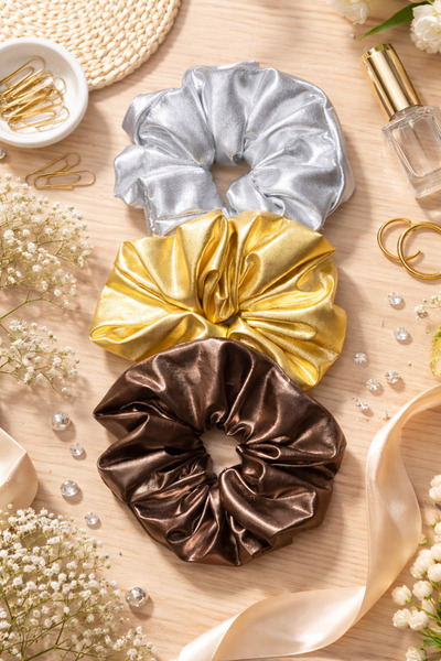 Melff Women's Elastic 3-Piece Yellow Silver Blue Colored Fabric Bagel Scrunchie Hair Tie