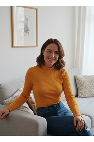 LADY HAZAL Orange Half Turtleneck Crop Body Slimfit Imported Wrinkled Fabric Long Sleeve Body Hzlkir01Body