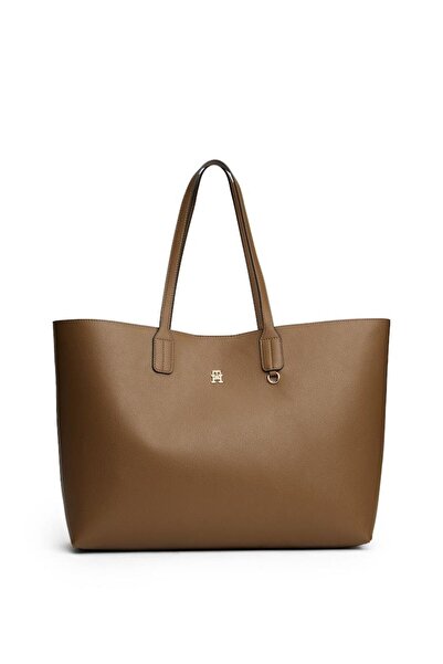 Tommy Hilfiger Kadın TH Icon Tote Metal Logo Detaylı Büyük Omuz Çantası - Kah...