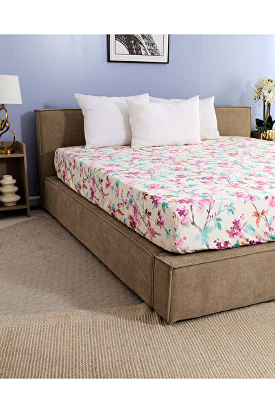 REDTAG Beige Floral Printed Fitted Sheet (Double Size)