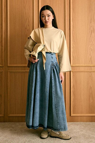 Ceylan Otantik Beige Scarf Body & Ice Blue Pleated Detail Denim Skirt Set