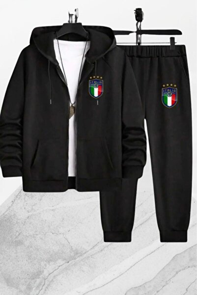 NO 601 Unisex Black Italy B Printed Zipper Jacket Black Sweatpants Set