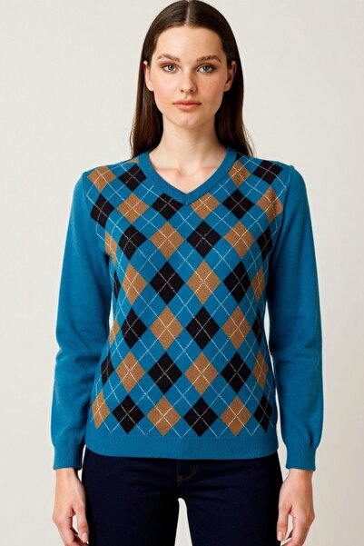 Desen Triko Women's V-Neck Baklava Wool Sweater A.Petrol