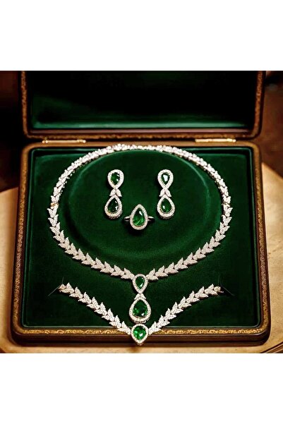 Luxiva Yeşil Damla Zirkon Taşlı Yaprak Desenli Gümüş Kaplama Lüks Kolye Küpe ...