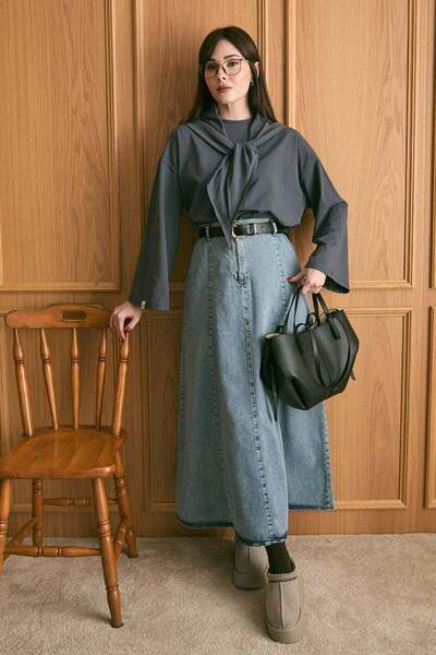 Ceylan Otantik Anthracite Scarf Body & Ice Blue Denim Flared Skirt Set