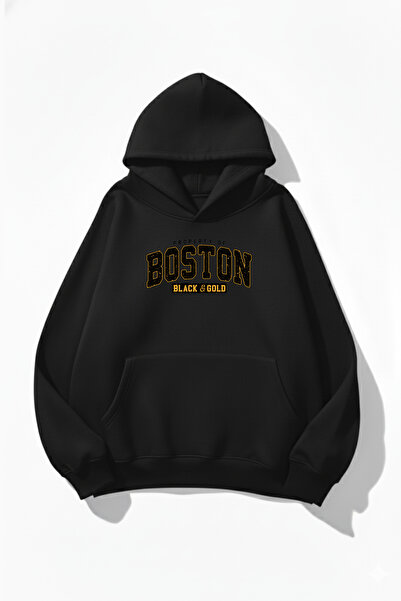 uyguntarz Hanorac unisex cu textura moale Boston Black & Gold cu imprimeu Des...