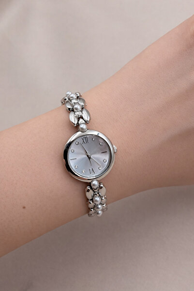 FIORA AKSESUAR Round Case Gold Pearl Stone Silver Cord Steel 20mm Women's Watch