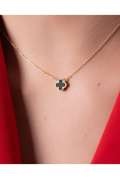 YCL JEWELLERY 8 Ayar Altın Parçalı Siyah Yonca Figürlü Kolye