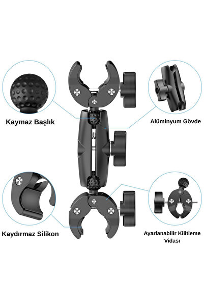 fimtech 360° Ayarlanabilir Motosiklet Çift Kelepçeli Alüminyum Aksiyon Kamera Bağlantı Aparatı