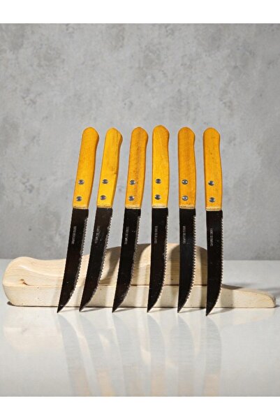 WDA Stainless Steel Steak Knife Set with Wooden Handle – 6 Pieces Serrated Kitchen Knives