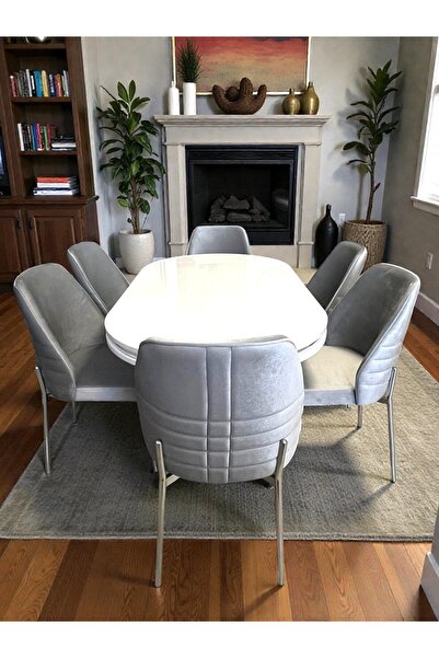 MSY HOME 6 Kişilik Monaco Stil Krom Çizgili Gri Yönsüz Kumaş Beyaz Oval Masa ...