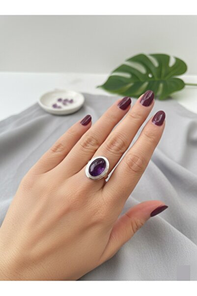 Erer Gümüş Gümüş doğal ametist taşlı yüzük