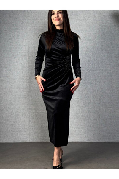 Viyamo Yeni Sezon Kadın Omuzdan Büzgülü Uzun Kollu Taşlı Kadife Elbise