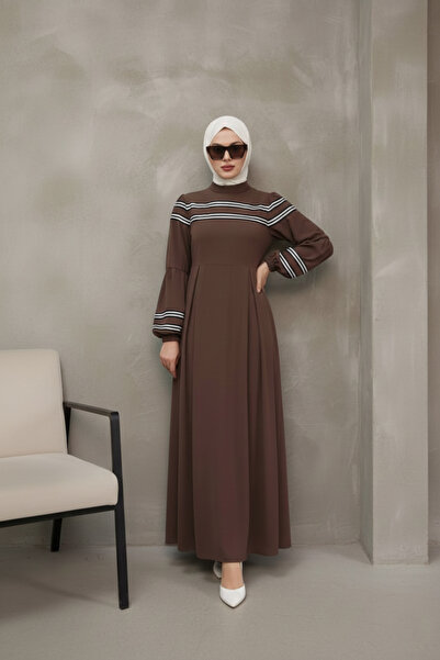 ISTANBUL STYLES Women's Elegance Striped Long Brown Hijab Dress - New Season