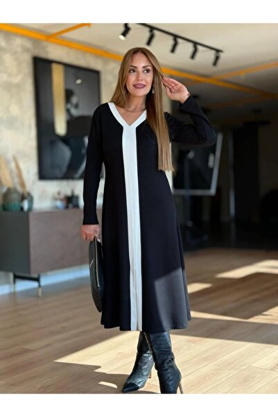 JANES Women's Long Sleeve V Stripe Collar Front Short Slit Detailed Midi Visc...