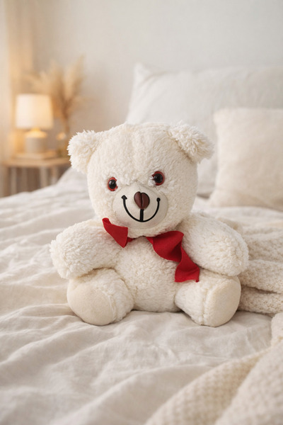 ValoriaHome Peluş Ayıcık Krem Renk Kırmızı Fiyonklu Yumuşak Oyuncak 25 cm