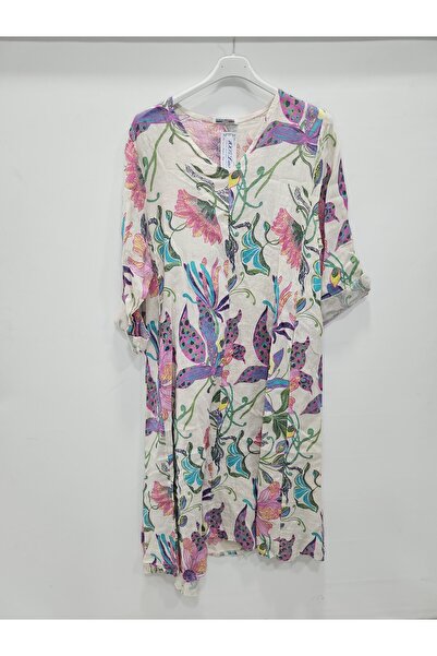 della moor Beige Italian Floral Patterned O Oversized Long Linen Dress 40 - 46 Size