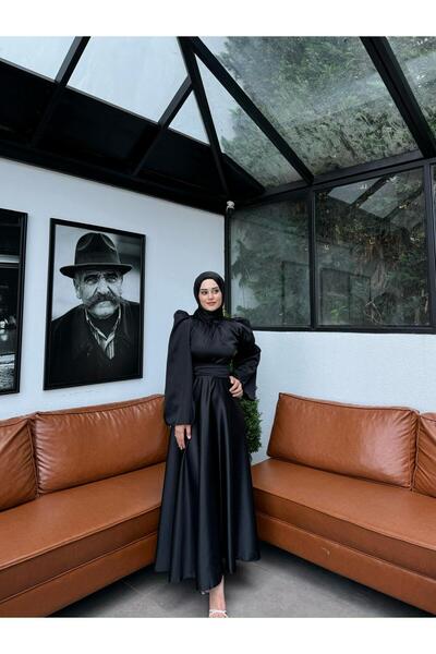 By Atelier Perry Spanish Sleeve Waist Tie Black Hijab Evening Dress