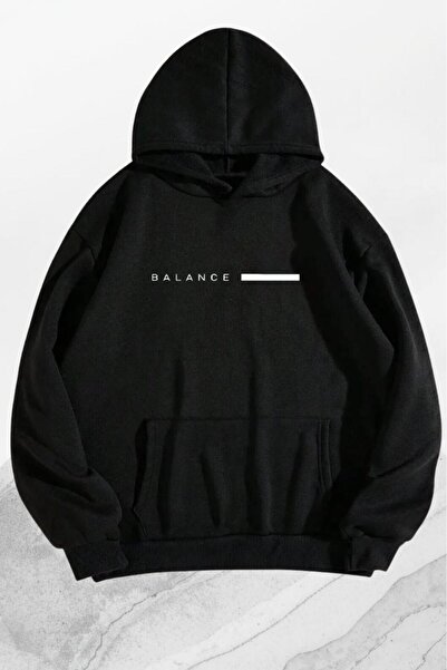 NO 601 Unisex Black Hooded Balance Printed Thick Sweatshirt