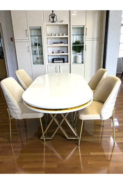 MSY HOME 4 Kişilik Monaco Stil Gold Çizgili Krem Yönsüz Kumaş Beyaz Oval Masa...