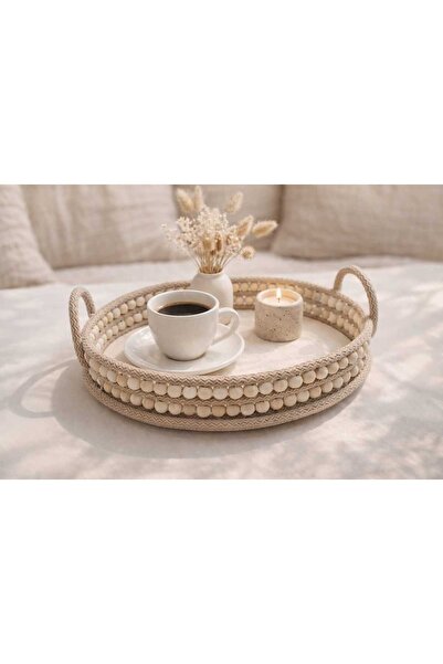 bemdesign Handmade Bead Detailed Jute Tray-Bohemian Decorative Presentation Tray