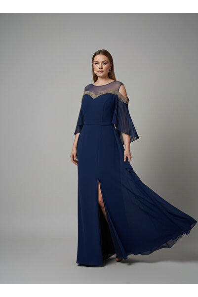 MODA BÜYÜK BEDEN Lacivert Kayık Yaka Taş İşlemeli Şifon Kollu Yırtmaçlı Uzun ...