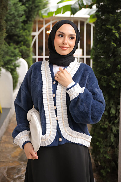 İmajButik Navy Blue Pleated Angora Soft Knit Cardigan with Stone Detail