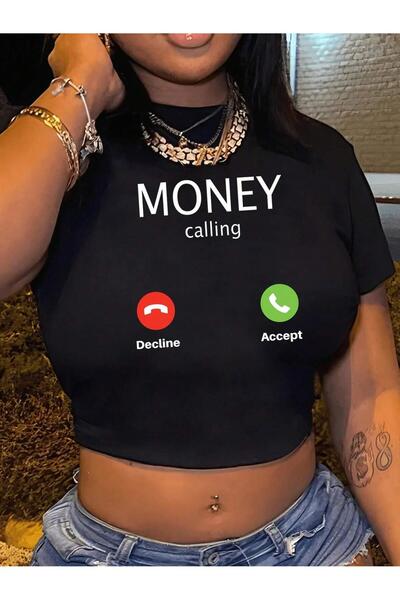Afri Women's Black Crop T-Shirt Money Calling Printed Telephone Themed Short Tee Streetwear