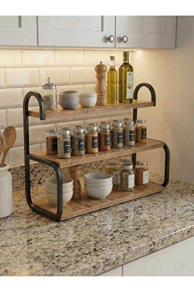 Boss Group Siyah Metal Ayaklı 3 Katlı Mutfak Rafı Tezgah Üstü Stand Baharatlı...