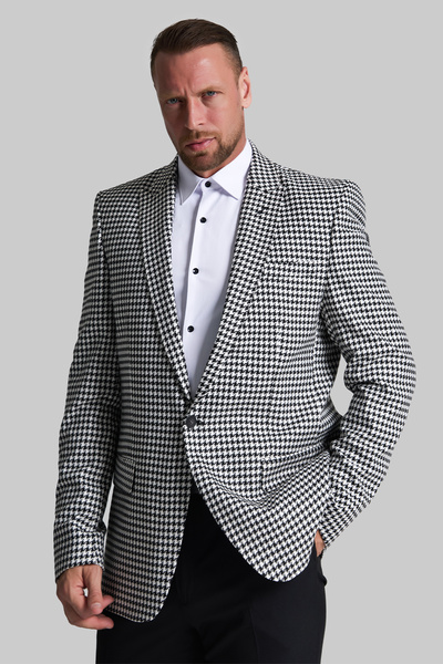 GustmanModa Erkek Siyah Beyaz Kazayağı Desenli Slim Fit Blazer Ceket