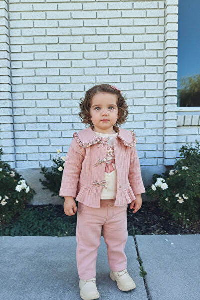 Magu Baby Girl Cotton Powder Collar Muslin 3-Piece Set - Jacket T-Shirt Pants