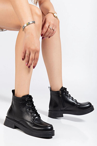 Vexor Özssa 02-2001 Black Wrinkled Patent Leather Lace-Up Zippered Daily Wome...