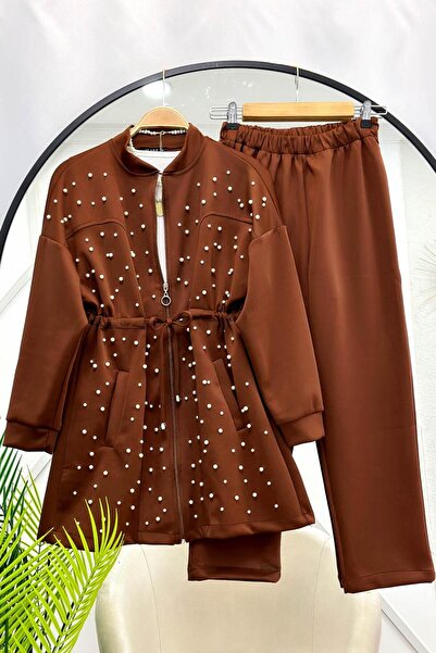 ÇALIŞKAN MODA Pearl-Embroidered Zippered Jacket and Pants Double Set (Include...