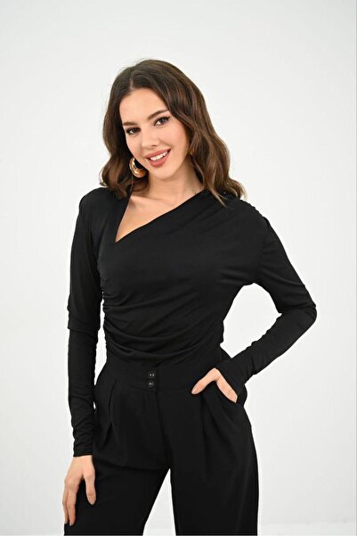 Koza Butik Women's Long Sleeve Asymmetrical Neck Snap Fastener Bodysuit 1875-25