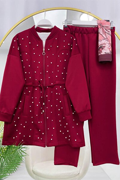 ÇALIŞKAN MODA Pearl-Embroidered Zippered Jacket and Pants Double Set (Include...