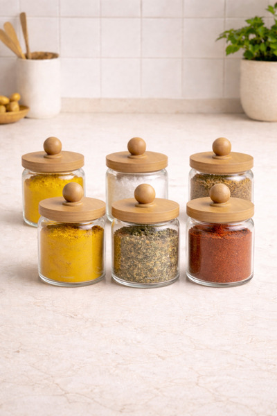 Kitchen Way 6-Piece Borosilicate 450ml Jar Set with Bamboo Gasket Lid Kw-747