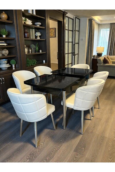 MSY HOME 6 Kişilik Exclusive Kelebek Black Marble Krom Ayaklı Modern Yemek Od...