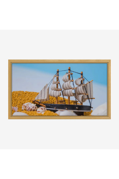 Tajridhome لوحة بحر تحمل سفينة خشبية مزينة بأشرعة بيضاء، مع خلفية زرقاء وصفرا...