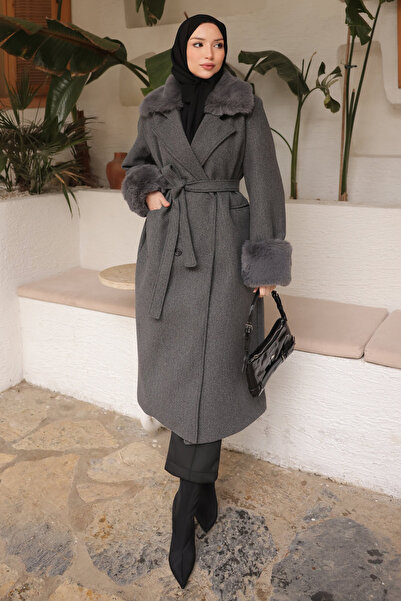 İmajButik Smoked Collar and Sleeves Fur Lined Cashmere Coat