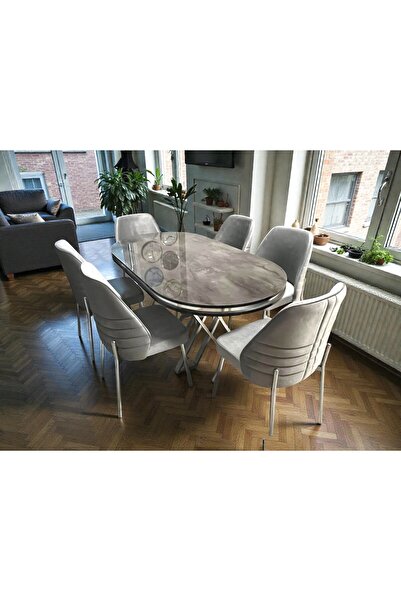 MSY HOME 6 Kişilik Monaco Stil Krom Çizgili Gri Yönsüz Kumaş İroni Oval Masa ...
