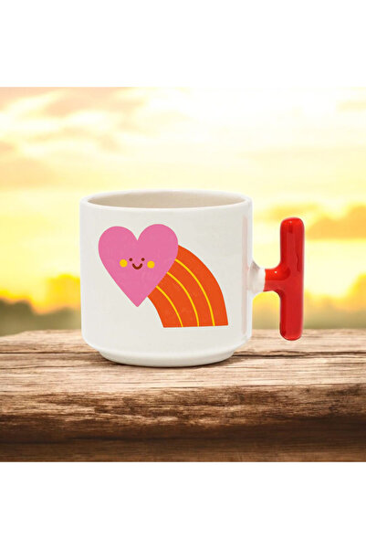 BB TRADE Red T-Handle Ceramic Printed Mug with Colorful Heart Design 250 ml