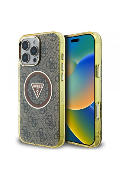 Guess Husa MagSafe pentru Apple iPhone 16 Pro Max, Guess, IML Glitter 4G Circle Triangle, Maro