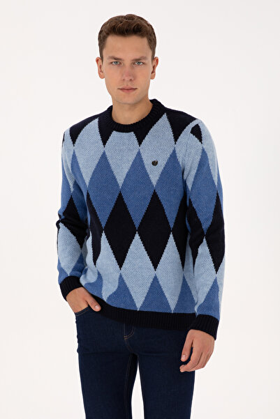 U.S. Polo Assn. Men's Comfort Fit Crew Neck Diamond Pattern Navy Blue Sweater 50314947-Vr033
