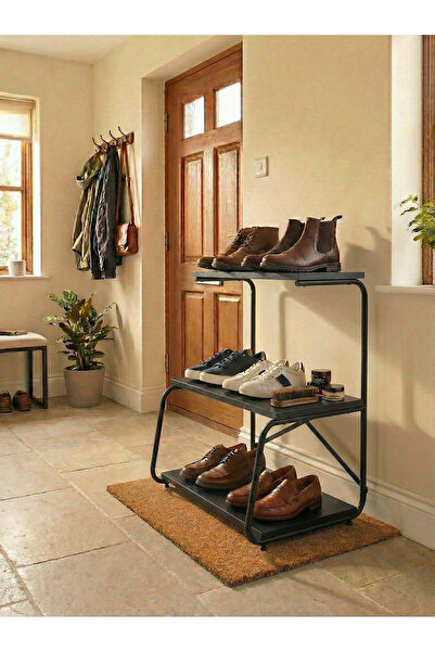 Boss Group Dekoratif 3 Katlı Metal İskeletli Ahşap Ayakkabılık Modern Antre R...