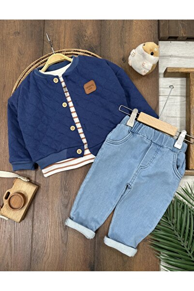 my petit panda Striped Sweatshirt with Quilted Jacket and Jeans Trousers 3-Pi...