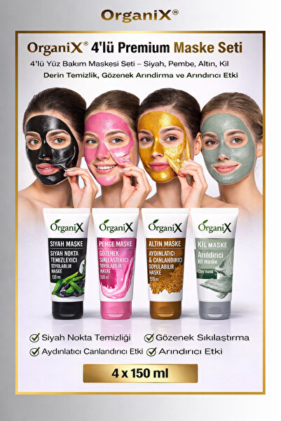Organix 4’lü Yüz Maskesi | Gözenek ve Siyah Nokta Temizleme, Aydınlatıcı, Arı...