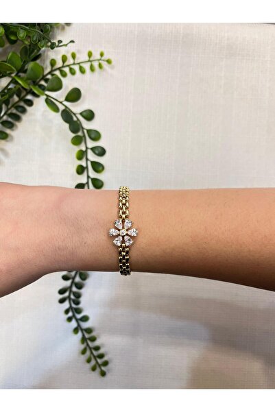 Betüştakıevi Sparkling Special Design Bracelet with Flower Detail - Gold